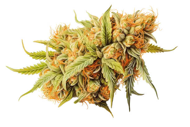 Man kann eine Cannabisblüte und Cannabisblätter sehen, die zu einer Pflanze stammen. Eine Pflanze, die als Cannabis bekannt ist, besitzt farbenfrohe Blüten, die zu erkennen sind.