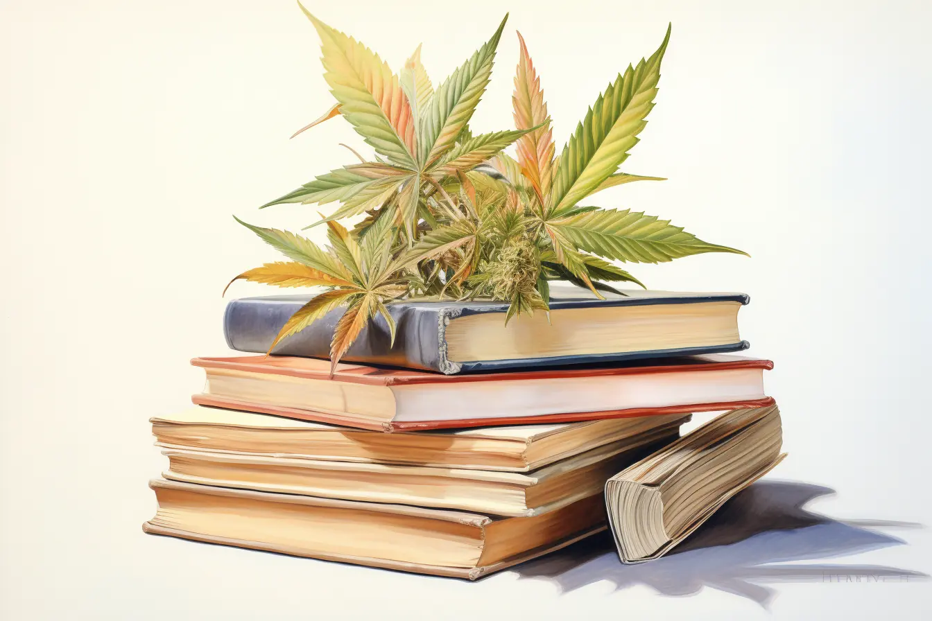 Cannabisblätter und Bücher in einem milden Farbschema Eine Pflanze, die als Cannabis bezeichnet wird, besitzt grüne Blätter, die auf einem Stapel von Büchern liegen, die übereinander gelegt sind.