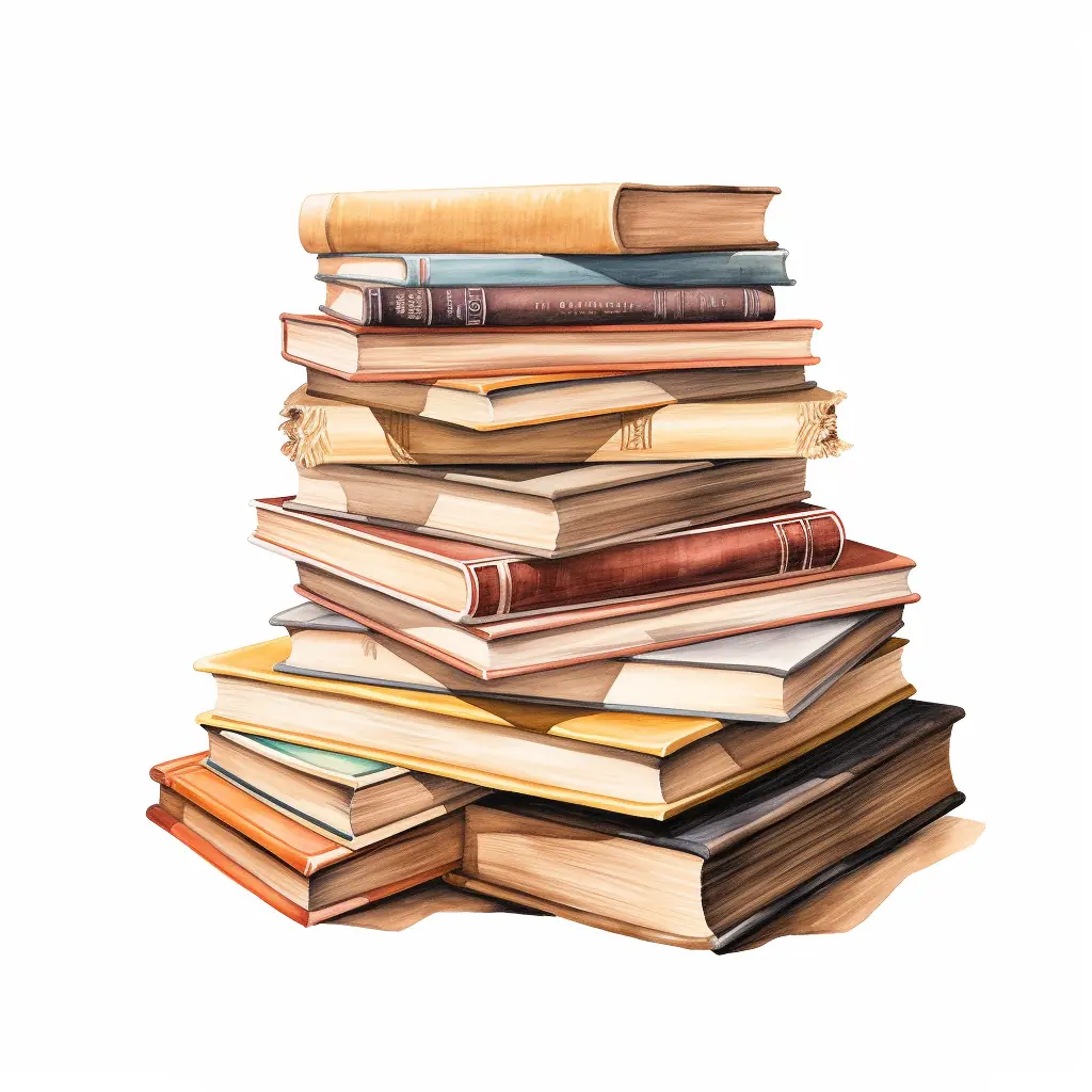 Eine Zeichnung, die einen realistischen und einen fantasievollen Touch hat, zeigt mehrere Bücher in Pastellfarben, die einen Stapel bilden. Eine Zeichnung, die einen realistischen und einen fantasievollen Touch hat, zeigt mehrere Bücher in Pastellfarben, die einen Stapel bilden.