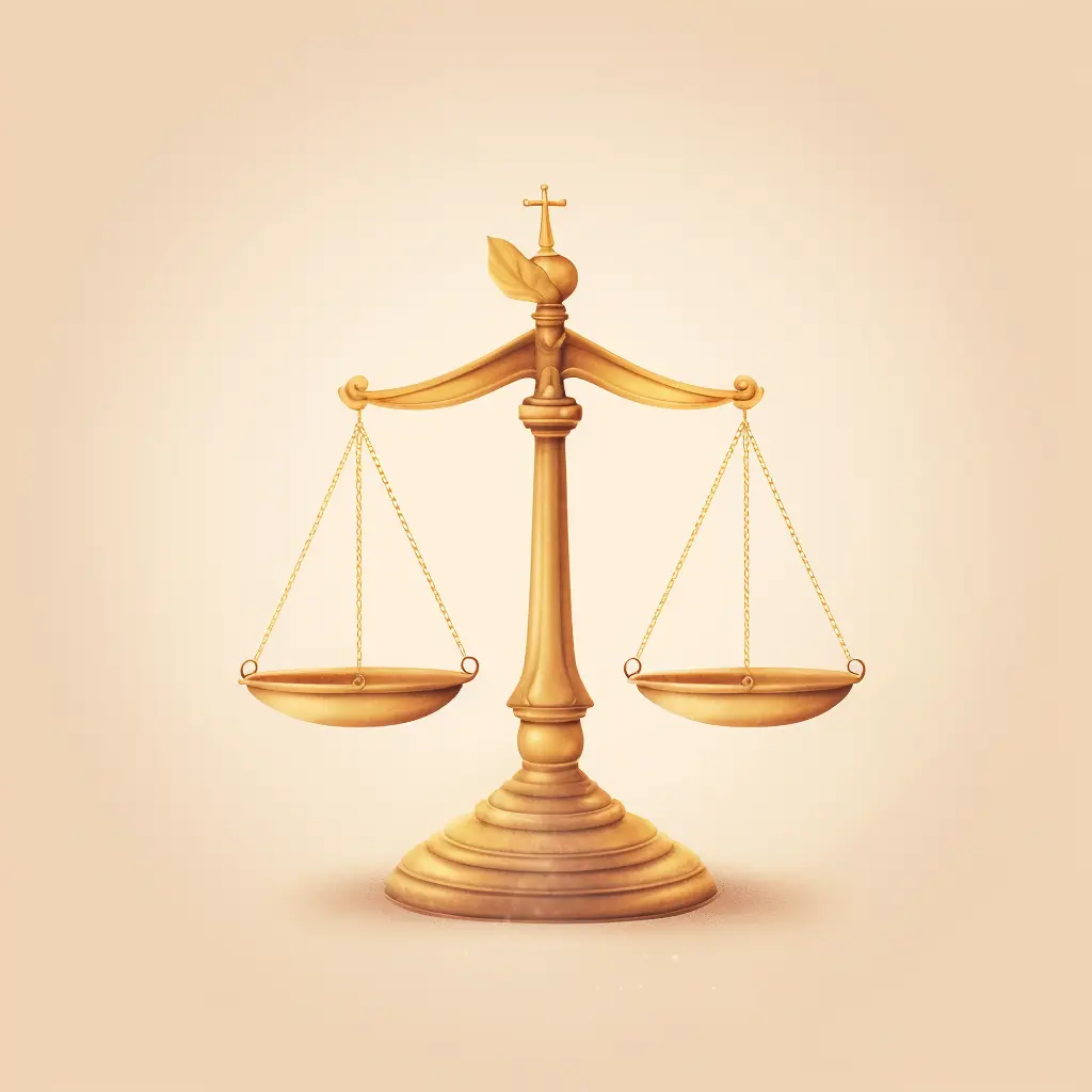 Eine Waage in sanften Farben ist das Symbol für Recht. Eine Waage der Gerechtigkeit in Gold liegt auf einem beigen Hintergrund.