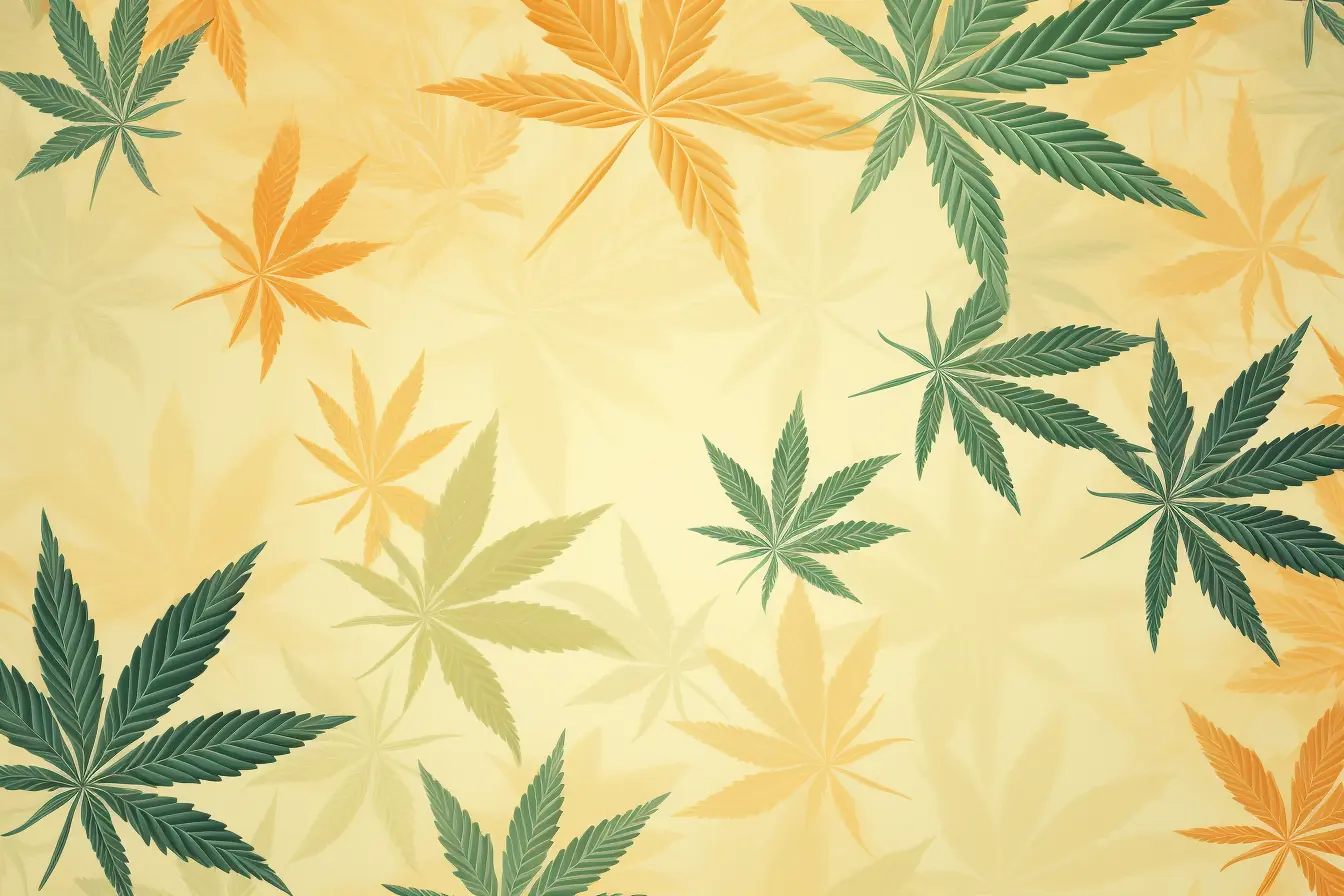 Cannabisblätter in harmonischen Pastellfarben als Hintergrundschmuck. Für den Cannabis Social Club in Chemnitz gibt es eine Ausstattung aus einem beigen Hintergrund, der ein Cannabisblatt-Muster besitzt.